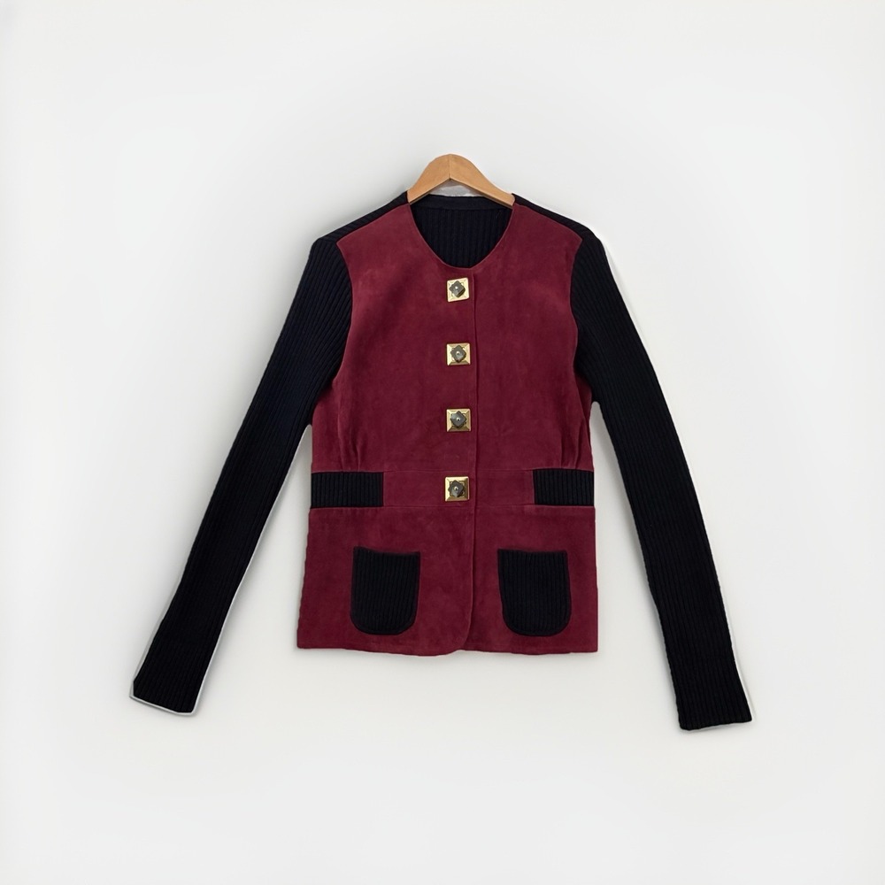 Tory Burch Burgundy Goat Suede Wool Mixed Media Cardigan Jacket Style 43405 Med